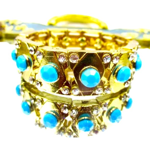 Turquoise Color Cabochon Beads, rhinestone crystal Gold color stretch bracelet - Picture 9 of 9